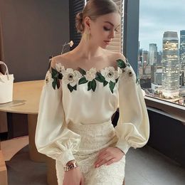 Summer Women Long Sleeve Off Shoulder Mesh Spliced Satin Embroidered Shirt Tops Shirts for Blusa Chifon Blouse C270 240313