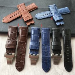 24mm Handmade Black blue Stitched Genuine Calf Leather Watch Strap Band For deployment buckle Watchband Strap for PAM290F