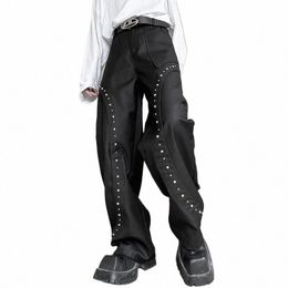 men's Rivet Loose Casual Harajuku Streetwear Fi Dark Black Punk Hip Hop Wide Leg Cargo Pants Men Motorcycle Trousers N0Y6#