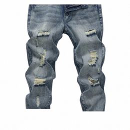 men's Straight N-stretch Cott Casual Fi Denim Pants Ripped Frayed Bleach W Jeans v8GA#