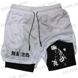 Men's Shorts Anime 2 In 1 Compression Shorts Gojo Satoru Print Performance Sportswear Men GYM Training Workout Male Fitness Sport Shorts T240325