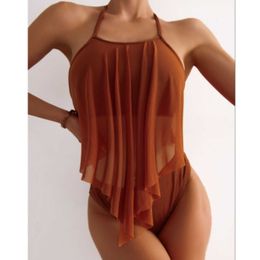 New Bikini Split Conservative Mesh Hanging Neck Swimsuit Womens Solid Colour Sling Split Bikini