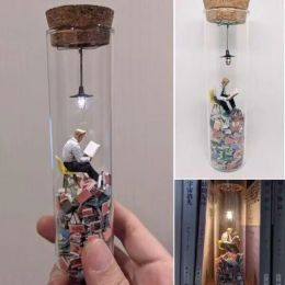 Miniatures Creative Test Tube Perspective Drawing Resin Siphonate A Reading Man in a Test Tube Character Ornaments Reader Model