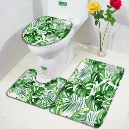 Mats Tropical Leaves Bath Mat Set Green Watercolour Palm Leaf Monstera Plant Home Carpet Bathroom Decor NonSlip Rug Toilet Lid Cover