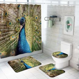 Bath Mats 4 Pcs/Set Animals Wolf Tiger Peacock Lion Waterproof Bathroom Shower Curtain Rug Set Anti-Slip Toilet Cover Mat