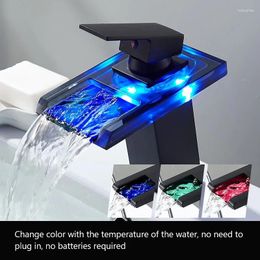 Bathroom Sink Faucets Temperature Controlled Tricolor LED Emitting Waterfall Washbasin Basin And Cold Water Faucet