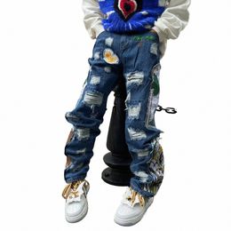 harajuku Fi Embroidered Patches Straight Denim Pants Hip Hop Wed Torn Jeans Black Blue Patchwork Y2k Jeans Baggy Men S46b#