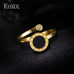 Band Rings RAKOL Stainless Steel Roman Digital Black Shell Open Ring for Women Adjustable Zircon Tail Ring Fashion Womens Jewellery J240326