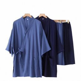 summer 2PCS Japanese Style Men Ray Thin Clothing Sets Solid Kimo Cott Steaming Wear Pyjamas Set Men Bathrobe Nightgown D6l3#