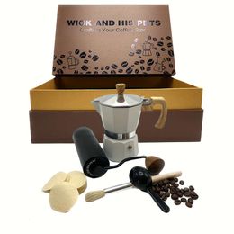 5pcs/set: Classic 5.07oz Moka Pot |modern CNC Steel-core Grinder |coffee Spoon |brush |100 Original 58mm Round Philtre Papers Perfect Gifting or Personal