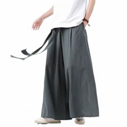 chinese Tang Cott Linen Trousers Men's Day Kimo Trousers Street Retro Wide Leg Comfortable Kung Fu Martial Arts Trousers I8xe#