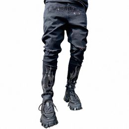 2023 Men's Ripped Hot Drill Jeans Skinny Jeans Black Stretch Denim Pencil Pants MAN Denim Street Punk Slim Fit Biker Trousers R9r2#