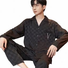 men's Pajamas Set Satin Silk Pyjamas Summer Pijamas Plaid Lg-sleeve Loungewear Lapel Nightwear Sleepwear Homewear for Man M4ps#