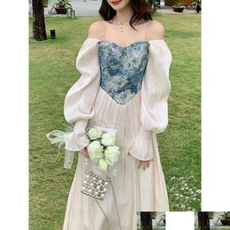 Basic Casual Dresses Spring Vintage Women Midi Print French Dress Slash Neck Pearl Straps Patchwork Off Shoder Elegant Fairycore Drop Otjjr