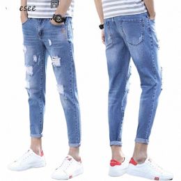 men Jeans Ankle-length Holes Straight Wed Leisure Denim Trousers Teens Chic Streetwear Mens All-match Big Size 34 Vintage New o6FF#