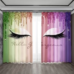 Curtains 2PC Home Decoration Curtains, MultiColor Cartoon Cute Eyelashes With Rod Pocket Curtains, Suitable For Kitchens,Cafes, Living