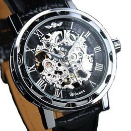 WINNER Watch Vintage Skeleton Transparent Wheel Gear Totem Sport Military Watches Leather Band Mechanical Automatic Wristwatch230F