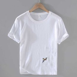 8017 Mens Linen Short Sleeved T-shirt Embroidered Round Neck Slim Fit Cotton and Elastic Material Clothes for Men