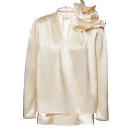 Womens Satin Silk Long Sleeve Shirt Appliques V Neck Wrap Elegant Luxury Blouse Tops 240314