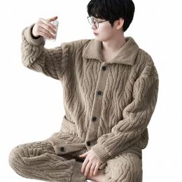 turn-down Winter Set Pyjamas Loose Flannel Suit Autumn Sleepwear Two-piece Comfortable Trousers Warm Collar Men Lg-sleeved 65vq#