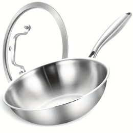 1pc, PFOA Free Stainless Steel Wok with Glass Cover - Ideal for Home, Restaurant, and Hotel Kitchens