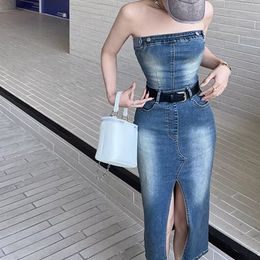 Skirt female summer 2023 new style temperament female sexy medium long slit spread breast bag hip skirt denim dress