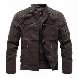 winter Leather Jacket Fleece Warm Causal Motorcycle Embroidery PU Coats Fi Multi-pocket Vintage Outwear Male Autumn Jackets 63GC#