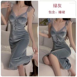 Women's Sleepwear Sexy Women Autumn And Winter Velvet Splice Lace Deep V Nightgown Backless Dress With Chest Pad