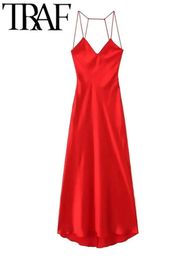 TRAF 2024 Woman Fashion Sleeveless Backless Halter Dress Casual Slim Soft Satin Midi Long Dresses For Women Vestidos Mujer Red 240319