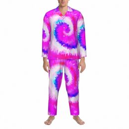 ombre Tie Dye Pajama Set Rainbow Swirl Print Warm Sleepwear Male Lg Sleeve Casual Loose Bedroom 2 Pieces Home Suit Large Size k3QF#