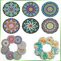 Stitch CHENISTORY 6/8Pcs Mandala Diamond Painting Coaster With Rack DIY Diamond Mosaic Drink Cup Cushion Table Placemat Crafts Kits