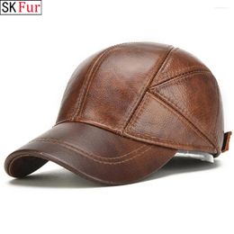 Ball Caps 2024 Men Casual Real Leather Earflap Cap Cowhide Male Fall Winter Genuine Cow Baseball Hats