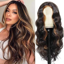 Highlight Wig Human Hair 26 Inch Body Wave Lace Front Wig Ombre Colored Wig Brazilian Brown Honey Blonde Synthetic Wigs for Women