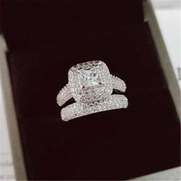 Vecalon 188pcs Topaz Simulated diamond cz 14KT White Gold Filled 3-in-1 Engagement Wedding Band Ring Set for Women Sz 5-11