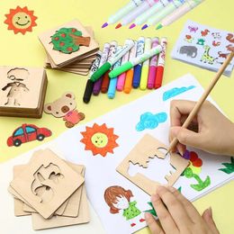 30/50/60 Pcs Kids Wooden Drawing Stencils Kit Drawing Board Toys Coloring Puzzle Arts Crafts Educational Toys for Children 240318