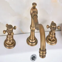 Bathroom Sink Faucets Antique Brass Deck Mounted Dual Handles Widespread 3 Holes Basin Faucet Mixer Water Taps Aan074