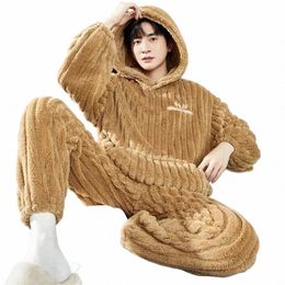 new Winter Men's Pyjama Sets 2024 Thick Warm Hooded 2 Piece Homewear Set for Men Flannel Sleepwear Loose Lg Sleeve Pyjamas Men d3Y4#