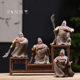 Sculptures PINNY Ceramic Ancient General Guan Gong Ornaments Town House Decorations For Evil Spirits Purple Clay Statues Crafts Decorative