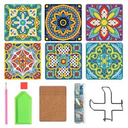 Display 6pcs Diy Diamond Painting Coaster Square Mandala Rhinestones Art Mosaic Drink Cup Cushion Nonslip Table Placemat Home Decoratio