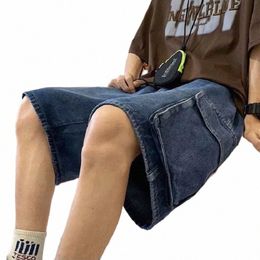 fi Casual Retro Blue Cargo Port Style Loose Big Pocket Denim Shorts Men Summer Thin Fi Wed Five Point Casual Pants U2GX#