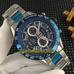 New 43mm 4 Color High Quality Skeleton Blue Dial Quartz Chronograph Men's Watch Blue Bezel Silver Case SS Steel Band Watches1809
