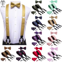 Hi-Tie Jacquard Woven Silk Gold Mens Suspender Braces Bow Tie Hanky Cufflinks Set For Men Adjustable Elastic Galluses for Men 240313