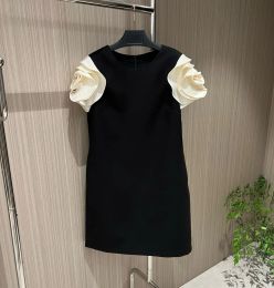 Sweet and Elegant Slim Fit Women's Dress 2024 Spring Women's Black 3D Rose Short Sleeve Spliced Fashion Casual Mini Dress