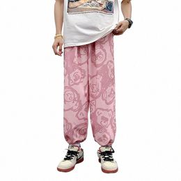 summer Thin Korean Versi of The Trend of Ins Printed Sports Pants Straight Loose Casual Pants Drawstring Sweatpants Men G07T#