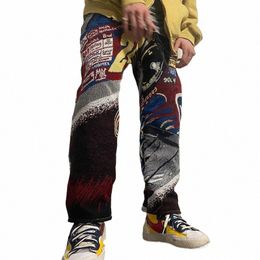 high Street Pattern Printed Trousers Men Fi Zipper Mid Waist Straight Trousers Men's Casual Vintage Loose Persality Pants 78ft#