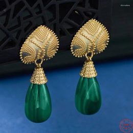 Stud Earrings S925 Sterling Silver For Women Fashion Gold Plated Heart Inlaid Malachite Ear Studs Punk Jewellery