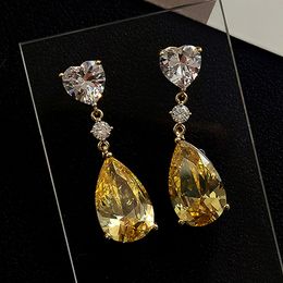 Choucong Marca Dangle Brincos Espumantes Jóias de Luxo 925 Prata Esterlina Gota de Água Amarelo Topázio CZ Diamante Festa Mulheres Casamento Gota Brinco de Coração Presente