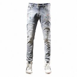 fi Streetwear Men Jeans Retro Light Grey Blue Elastic Slim Fit Ripped Jeans Men Painted Designer Hip Hop Denim Pants Hombre V2yA#