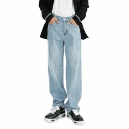 men's Jeans Pants Korean Casual Straight Wide Leg Jeans Male Vintage Streetwear Hip-hop Wild Loose Light Blue Denim Pants Mens 08Np#