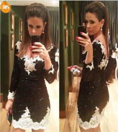 Twinkling Vneck Sheath Black and White Lace Short Homecoming Dresses New Arrival Prom Dresses with Sleeve Twinkling Mini Party Dr2823047
